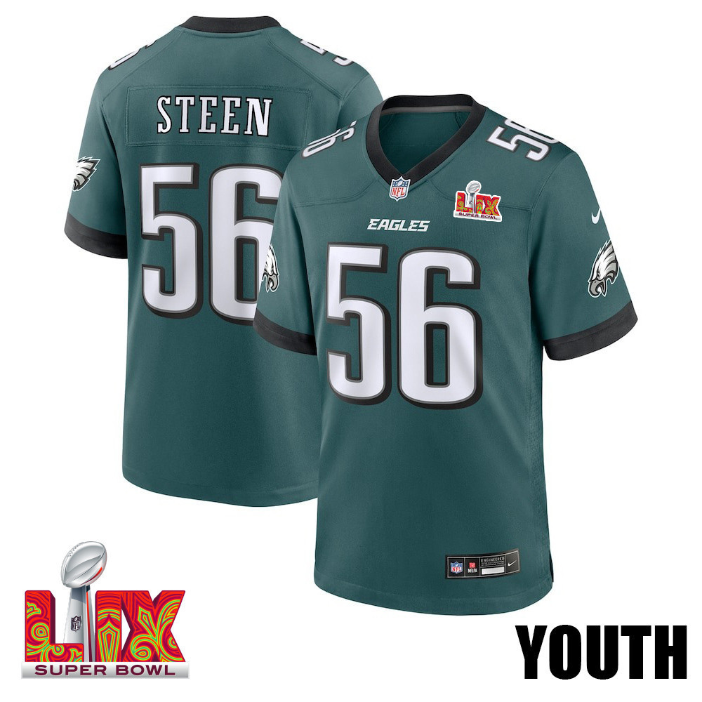 Tyler Steen #56 Philadelphia Eagles Super Bowl LIX YOUTH Jersey - Midnight Green