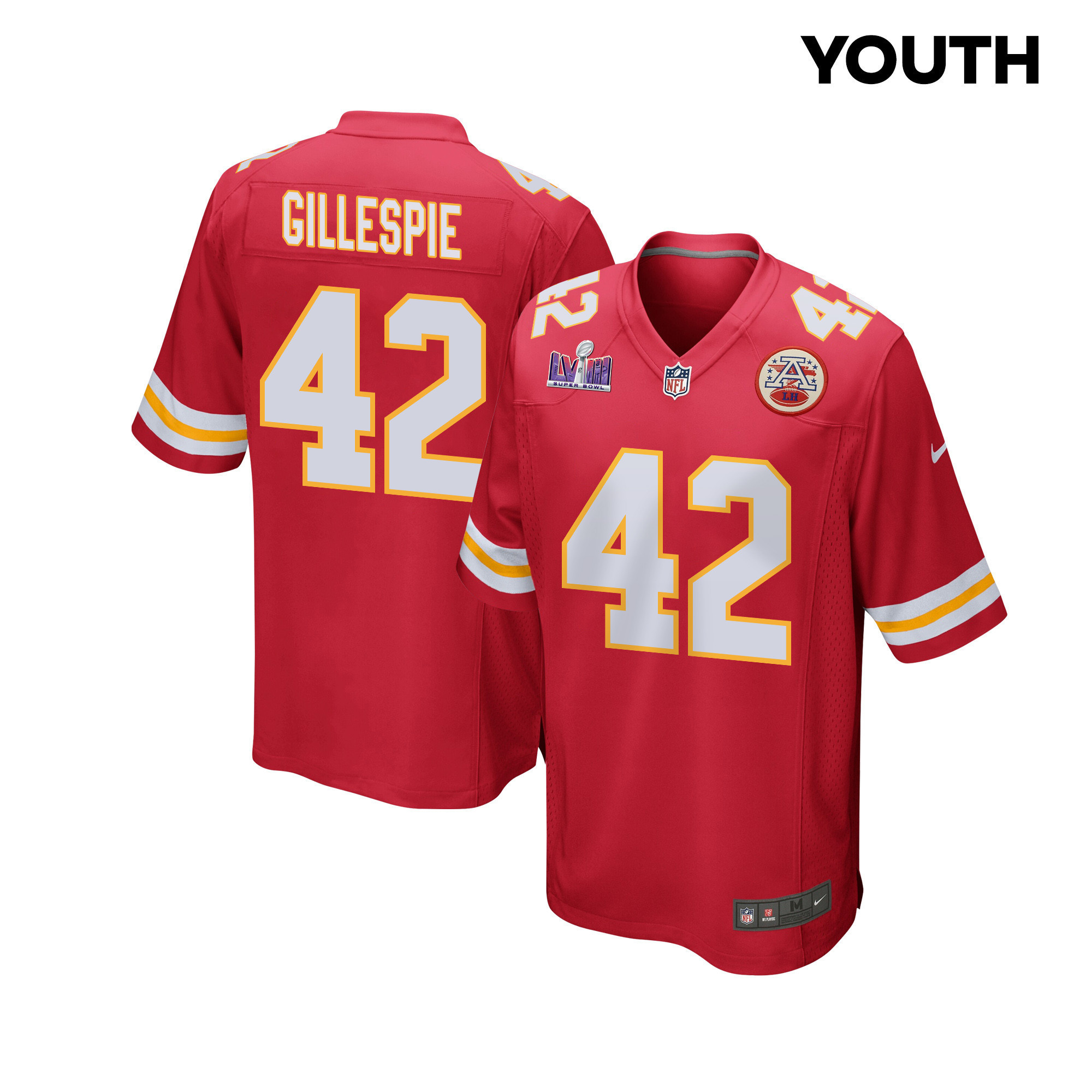 Tyree Gillespie 42 Kansas City Chiefs Super Bowl LVIII Patch Game YOUTH Jersey - Red