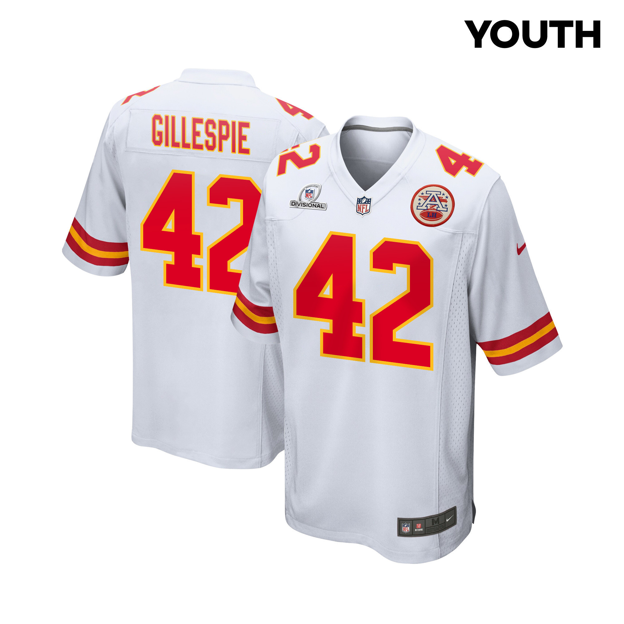 Tyree Gillespie 42 Kansas City Chiefs Super Bowl LVIII Patch Game YOUTH Jersey - White