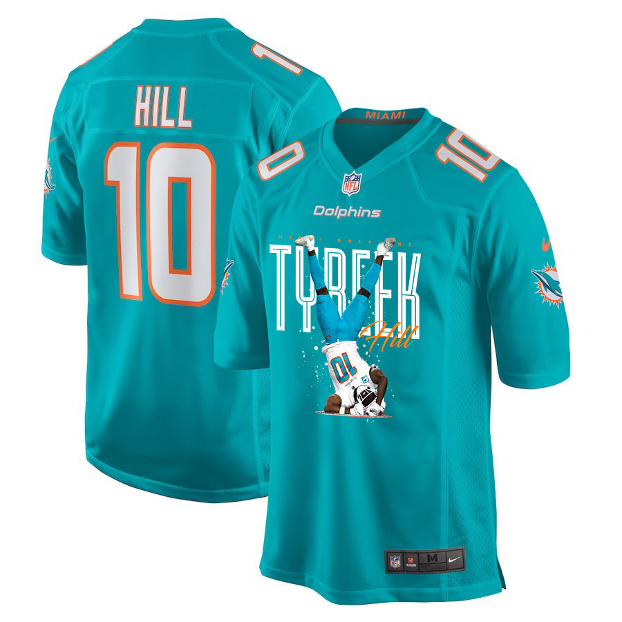Tyreek Hill 10 Miami Dolphins Celebrating Game Men Jersey - Aqua