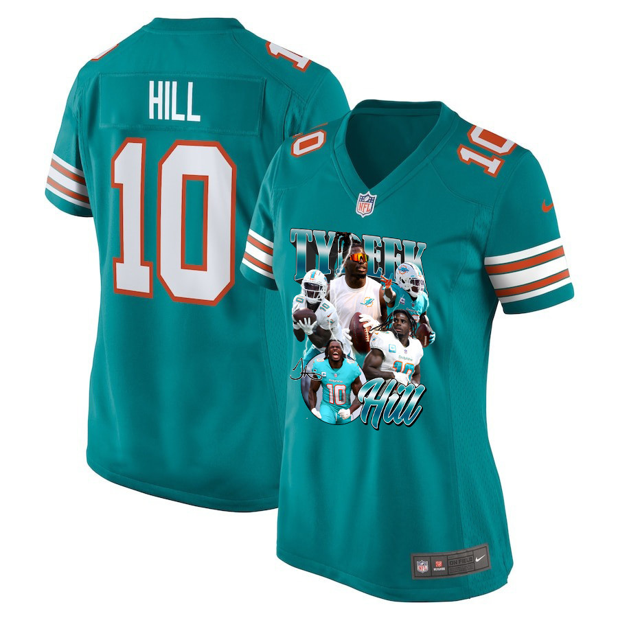 Tyreek Hill 10 Signed Miami Dolphins Cheetah Alternate Game Women Jersey - Aqua