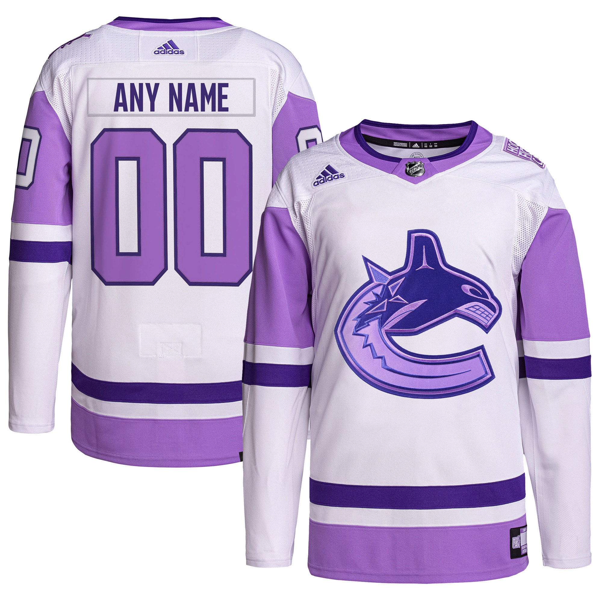 Vancouver Canucks adidas Hockey Fights Cancer Primegreen Authentic Custom Jersey - White\/Purple