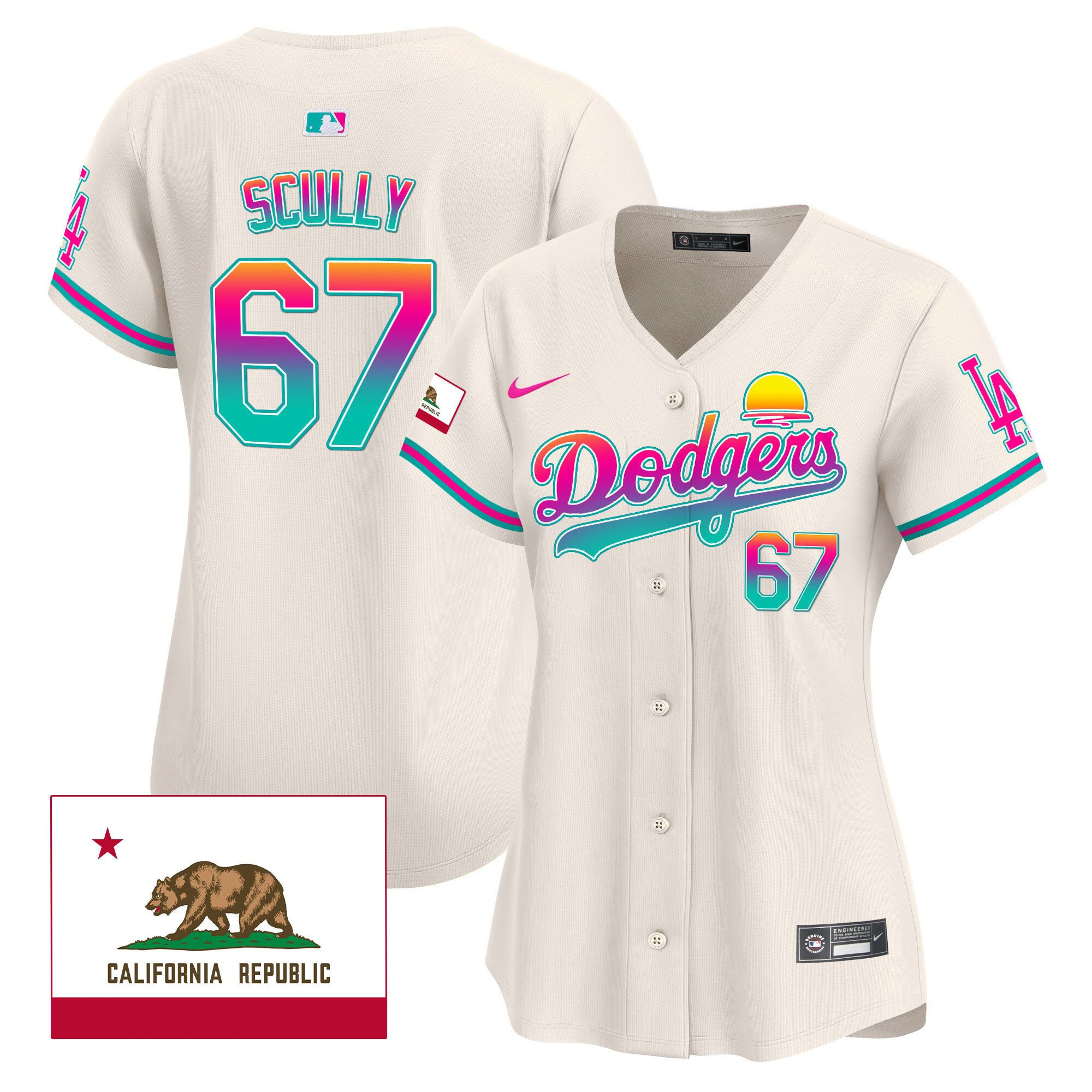 Vin Scully 67 Los Angeles Dodgers 2024 Los Angeles City Style California Republic Patch Women Jersey - Cream