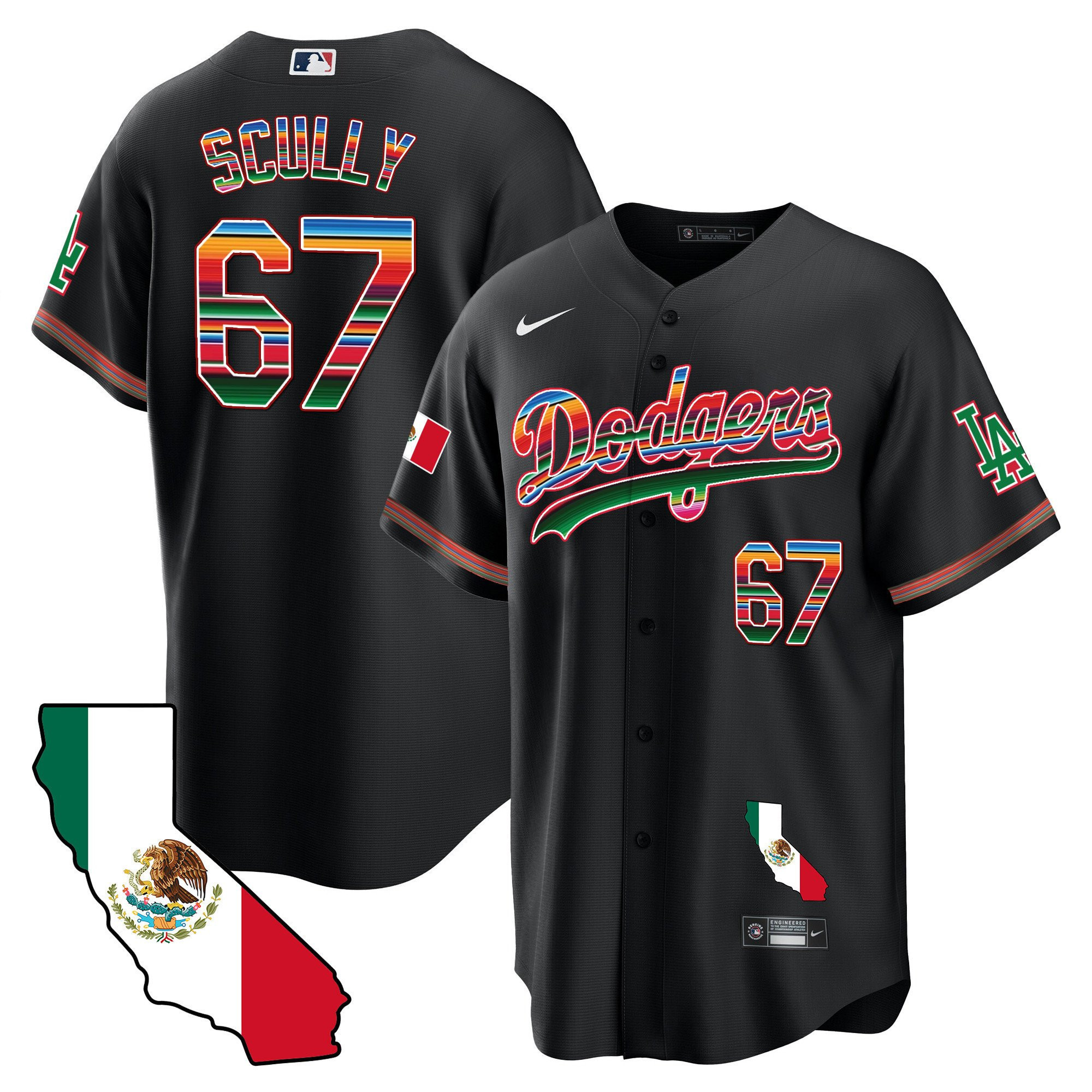 Vin Scully 67 Los Angeles Dodgers Mexico California Map Baseball Men Jersey - Black