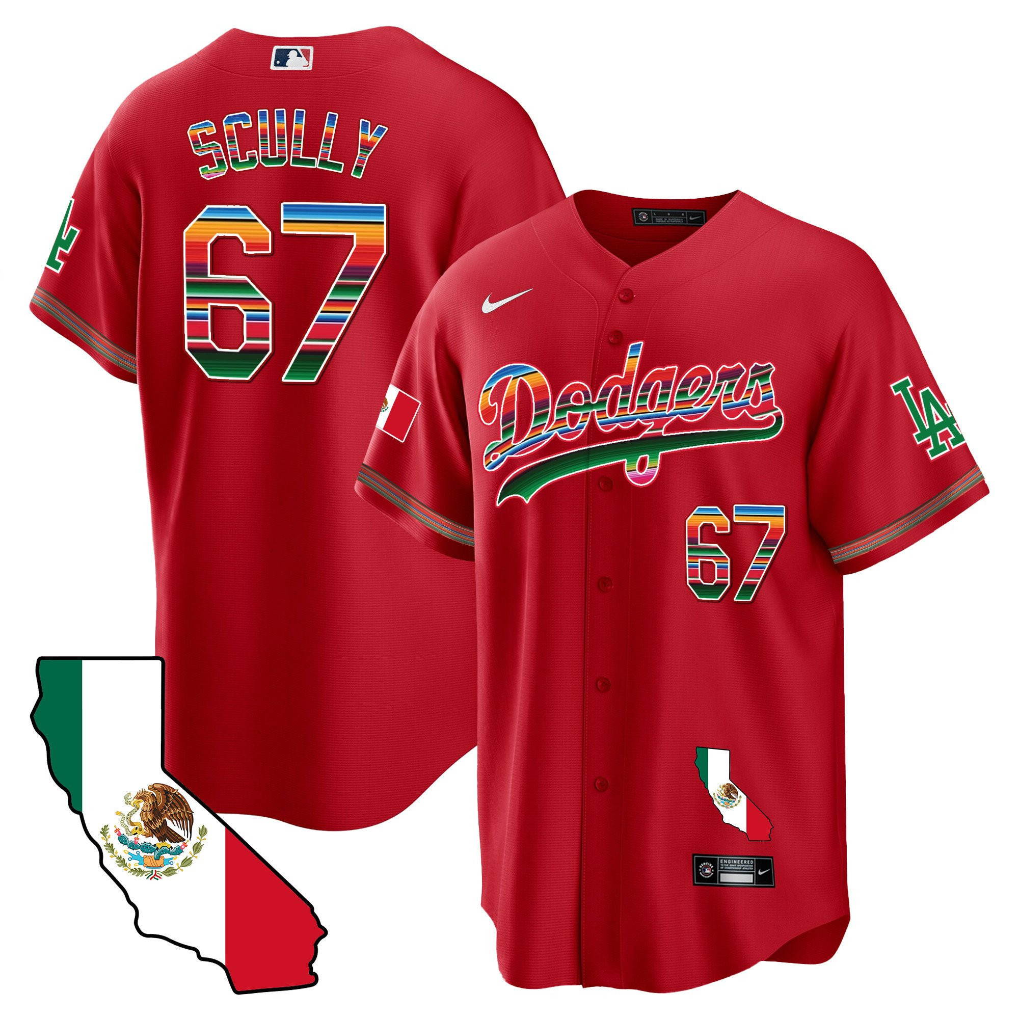 Vin Scully 67 Los Angeles Dodgers Mexico California Map Baseball Men Jersey - Red