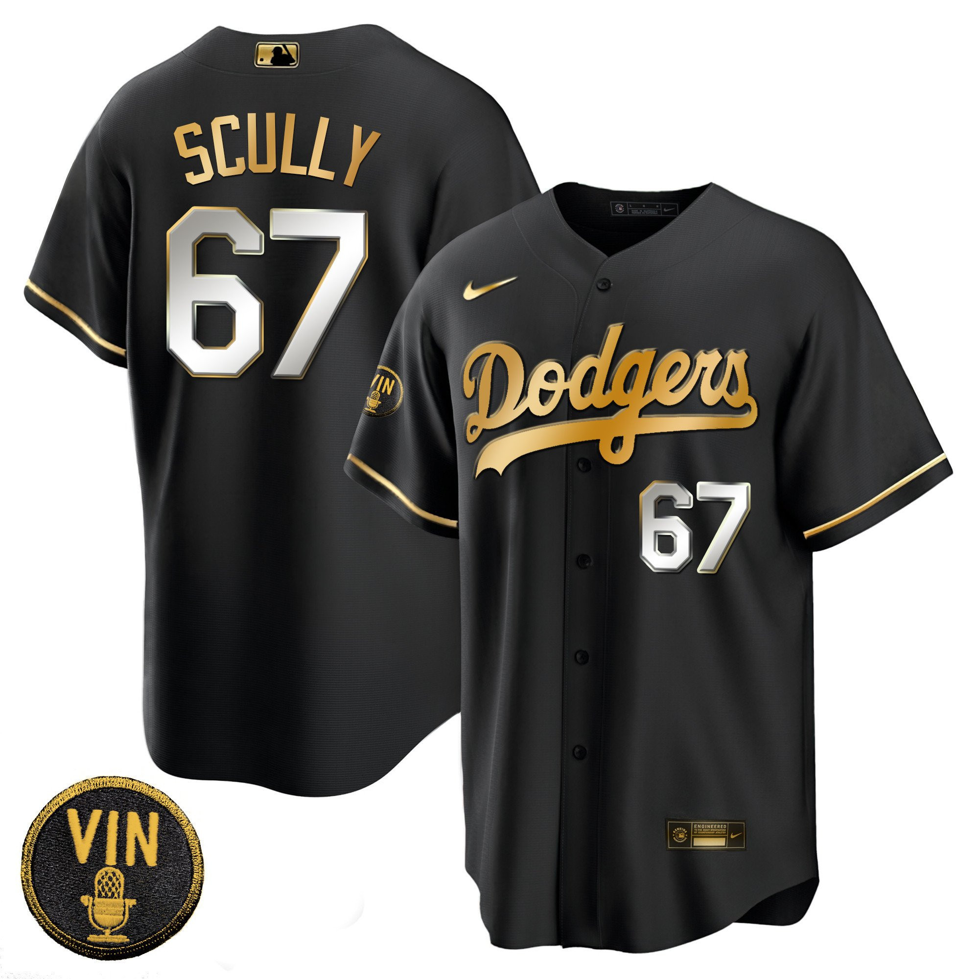 Vin Scully 67 Los Angeles Dodgers Patch Gold Baseball Men Jersey - Cool Black Limited