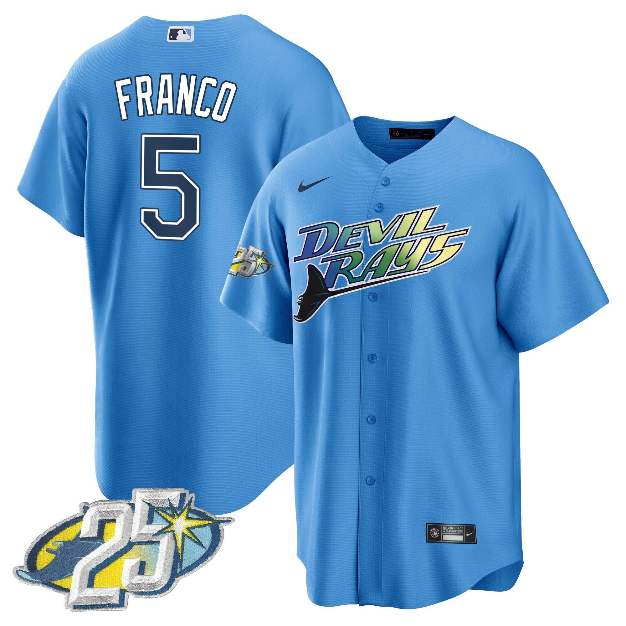 Wander Franco 5 Tampa Bay Rays 25th Anniversary Patch Men Jersey - Light Blue