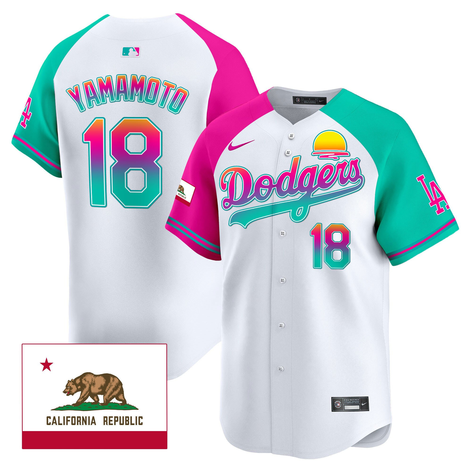 Yoshinobu Yamamoto 18 Los Angeles Dodgers 2024 Los Angeles City Style California Republic Patch Men Jersey - Alternate