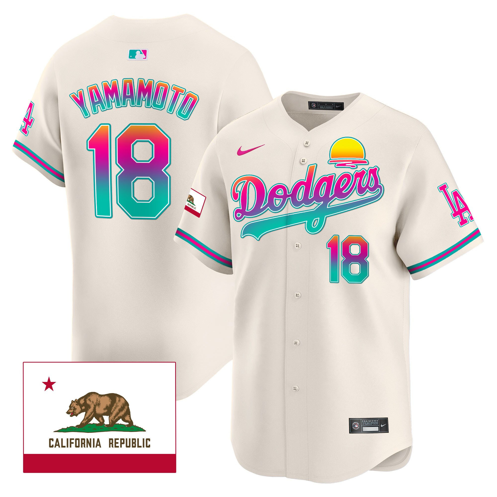 Yoshinobu Yamamoto 18 Los Angeles Dodgers 2024 Los Angeles City Style California Republic Patch Men Jersey - Cream