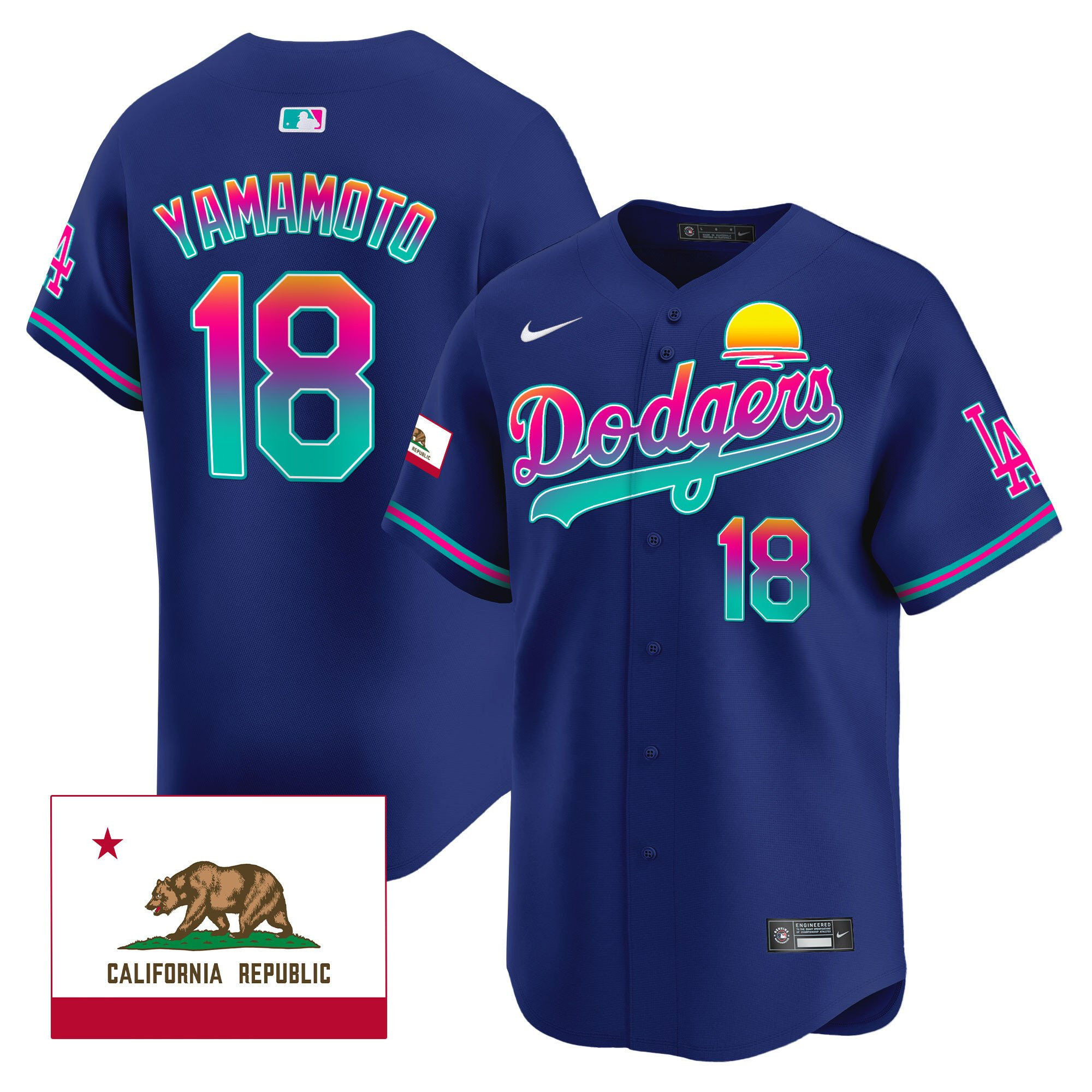 Yoshinobu Yamamoto 18 Los Angeles Dodgers 2024 Los Angeles City Style California Republic Patch Men Jersey - Royal