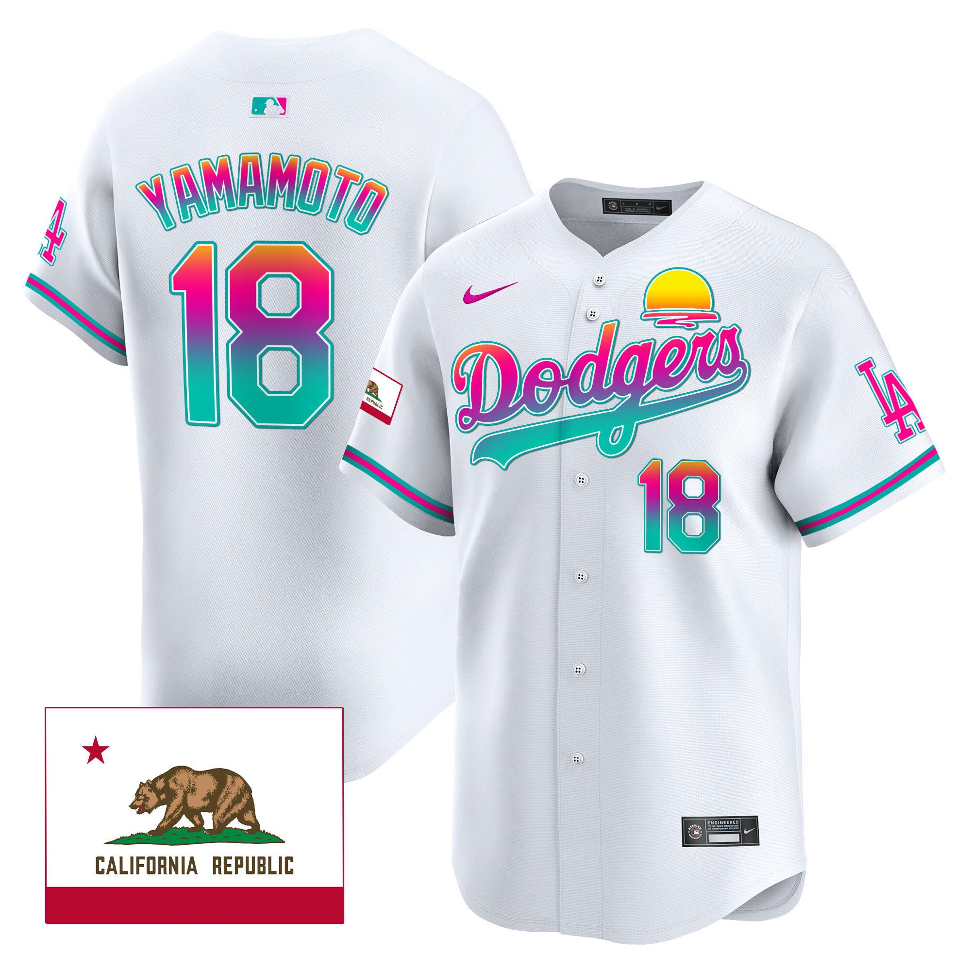 Yoshinobu Yamamoto 18 Los Angeles Dodgers 2024 Los Angeles City Style California Republic Patch Men Jersey - White