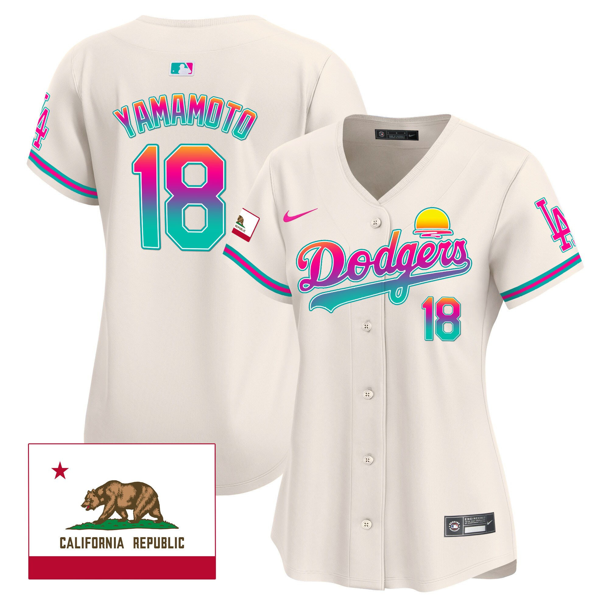 Yoshinobu Yamamoto 18 Los Angeles Dodgers 2024 Los Angeles City Style California Republic Patch Women Jersey - Cream