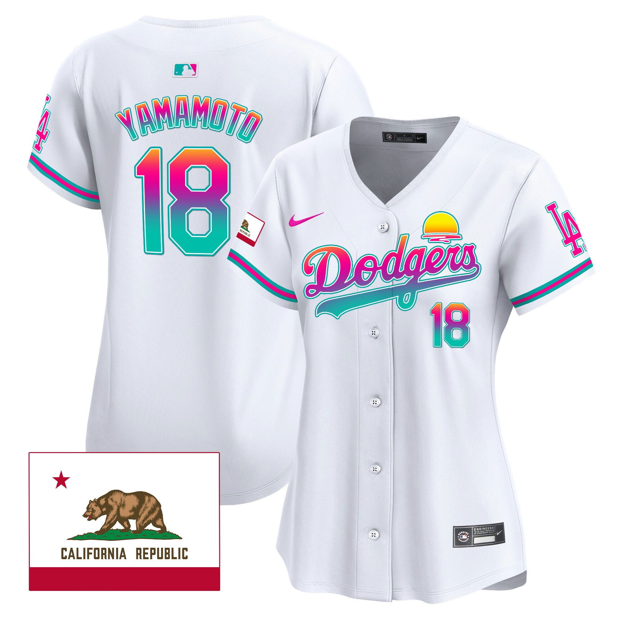 Yoshinobu Yamamoto 18 Los Angeles Dodgers 2024 Los Angeles City Style California Republic Patch Women Jersey - White