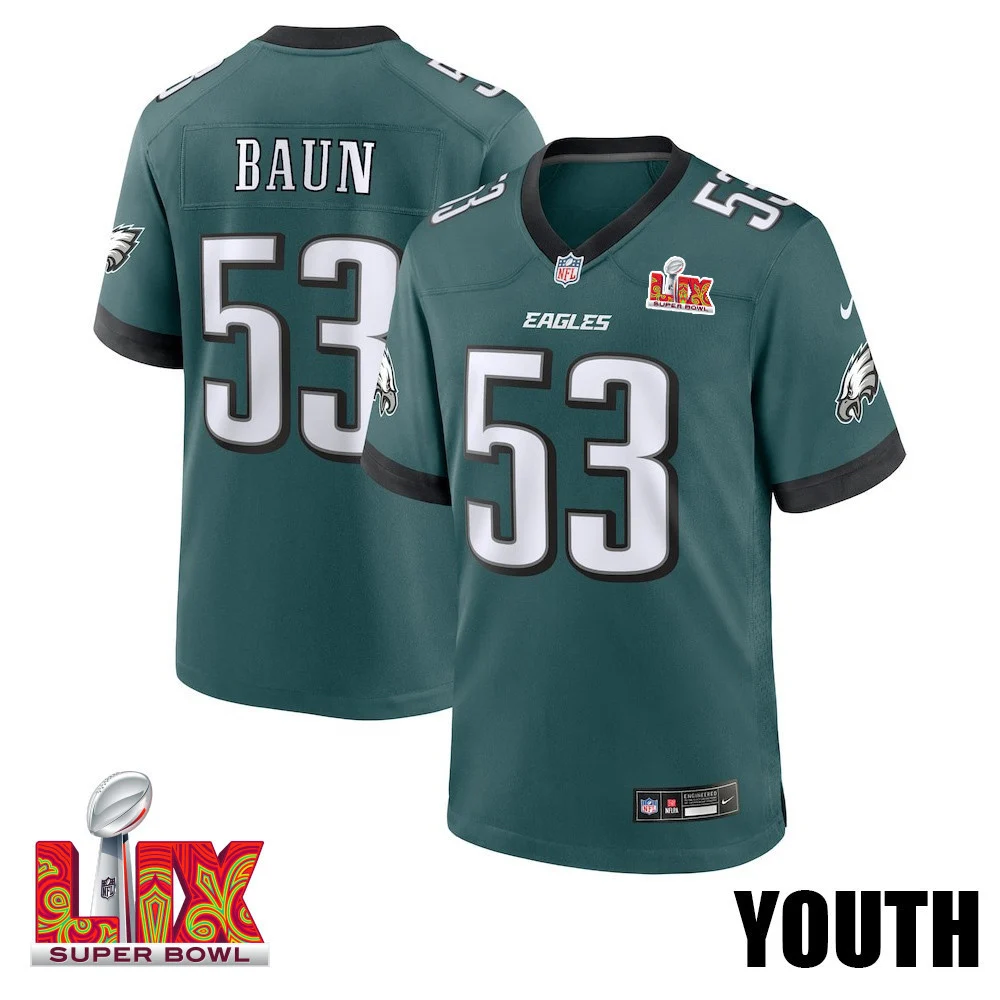 Zack Baun #53 Philadelphia Eagles Super Bowl LIX YOUTH Jersey - Midnight Green