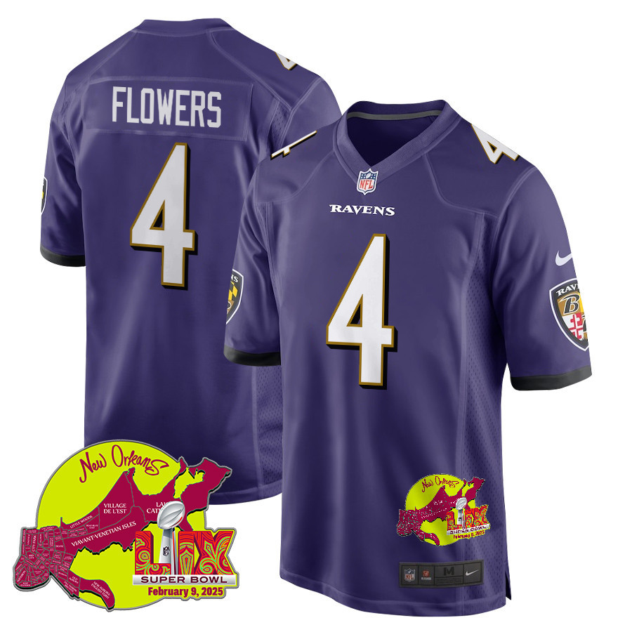Zay Flowers 4 Baltimore Ravens Super Bowl LIX New Orleans Patch Game Men Jersey - Purple
